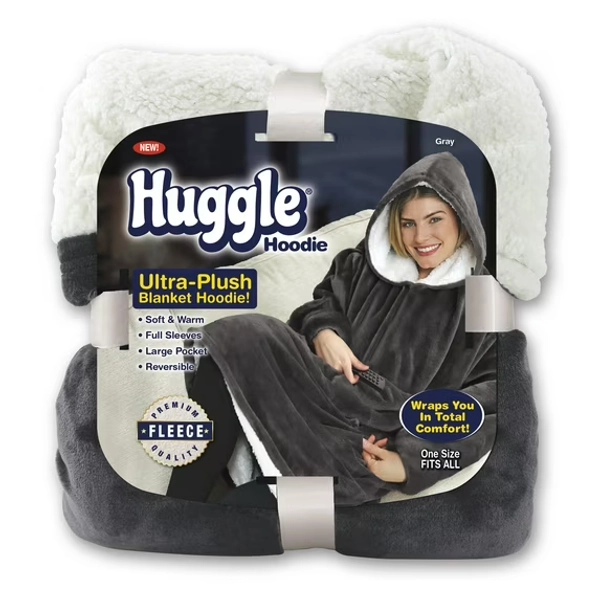 Huggle Blanket Hoodie, Ultra Plush Blanket, Wearable Blanket for Men and Women, One Size, Grey