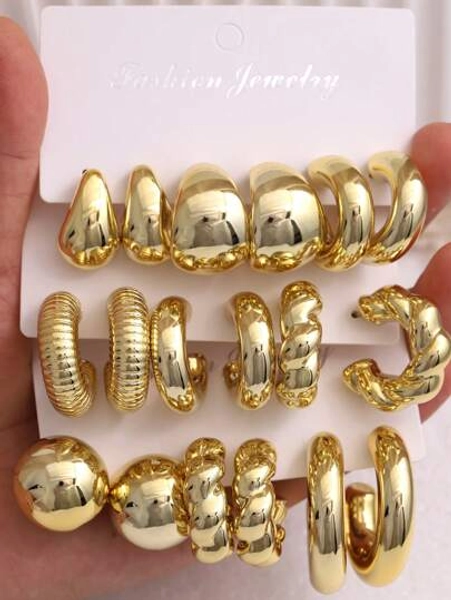 6-18pcs/Set Luxury Gold Chunky Twist C-Shape Teardrop Earring Set, Suitable For Women Fashion Metal Geometric Round Earrings, Oversized Creative Vintage Circle Earring Set