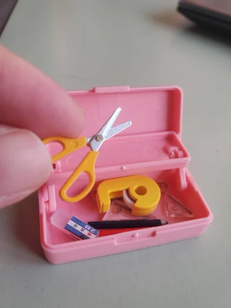 Dollhouse Miniature Stationery Set, pencil box, Pen, Scissors, Ruler, Eraser, tape dispenser