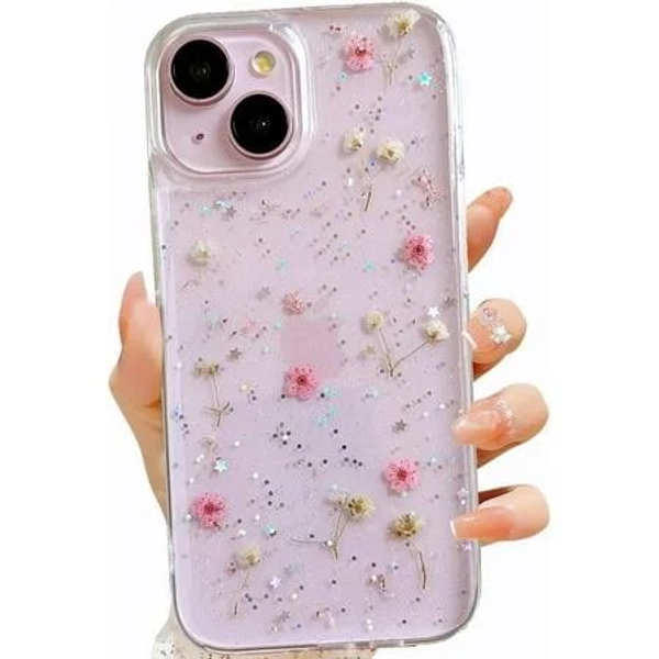 For iPhone 15 / iPhone 14/ iPhone 13 Clear Case with Pressed Real Flowers Design, Glitter Cute Pink Floral Pattern Soft TPU Protective Women Girl's