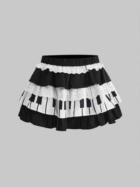 ROMWE Kawaii Lolita Cute Sweet Piano Keyboard Cake Skirt For Women