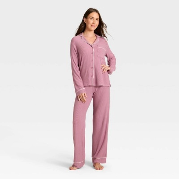 Women's Cozy Ribbed Notch Collar Long Sleeve Shirt and Pants Pajama Set - Auden™ Pink S