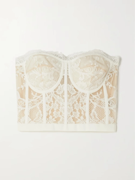 Satin-trimmed cotton-blend corded lace bustier top - ivory - IT34