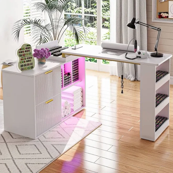 Advwin L-Shaped Manicure Table with LED Light