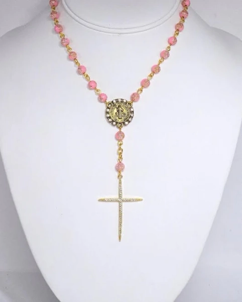 Pink Floral Beaded Rosary Cross Necklace St Benedict Medal Vintage Inspired Catholic Devotional Pendant