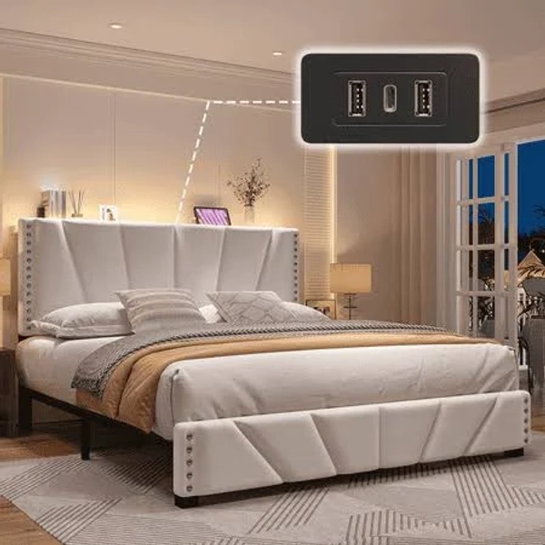 Enhomee Queen Bed Frame with Upholstered Headboard, LED Lights, USB Charging Ports, No