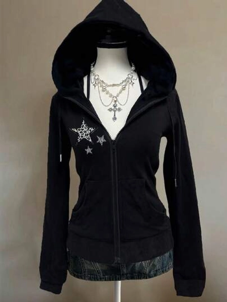Attitoon Casual Vintage Style Leopard Print & Star Pattern Loose Fit Hooded Long Sleeve Sweatshirt Sweatshirt For Women, Suitable For Autumn/Winter, Vintage, Sexy, Cute, Y2K, Coconut Girl, Boho, Hippie, Music Festival,Fall,Zip Up Hoodie Women,Zip Up Hoodie For Women
