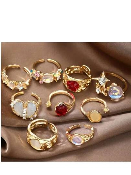 9pcs/ Set Of Vintage Stylish Star Flower Open Rings