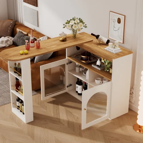 Table de bar extensible pivotante 138-193X39X105 cm avec LED, espace de rangement, en MDF, couleur blanche
