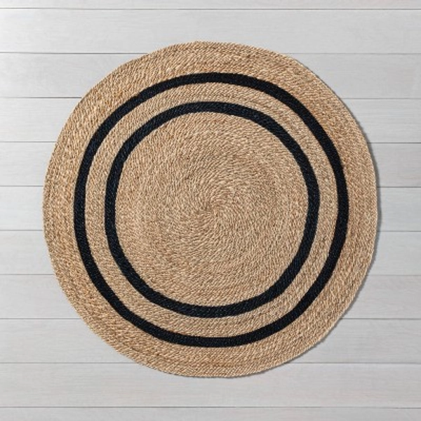 Round 5' Double Stripe Braided Jute Area Rug Charcoal/Tan - Hearth & Hand™ with Magnolia: Indoor Farmhouse Style, Machine Made