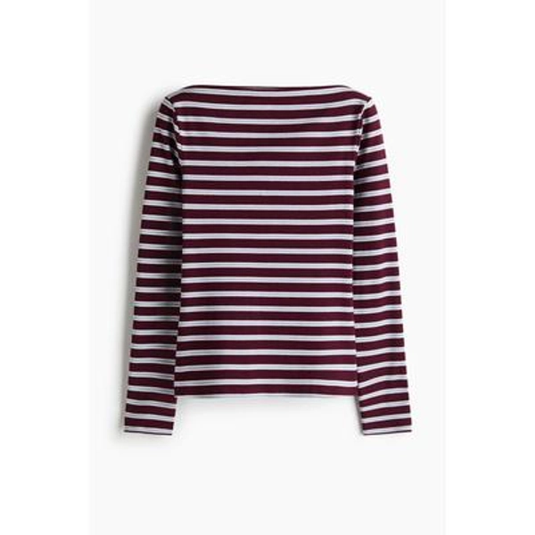 H & M - Ribbed boat-neck top - Burgundy/Striped