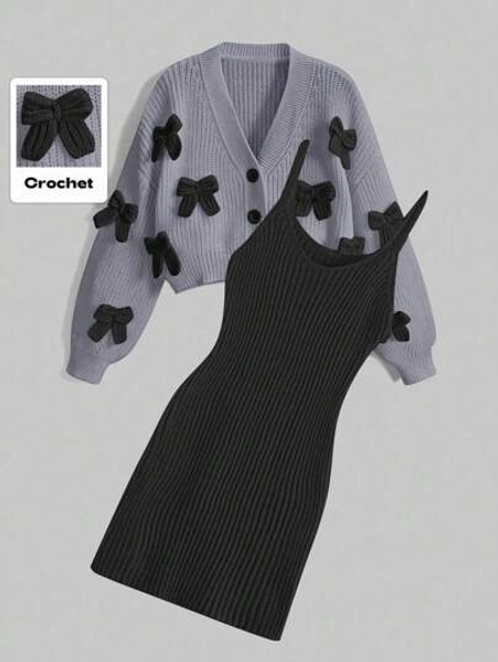 ROMWE Kawaii Coquett Bow Decor Cardigan & Knit Dress 2 Pieces Set