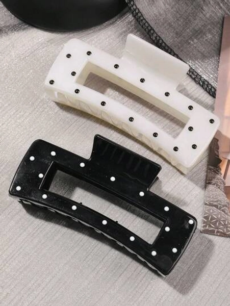 2 Black And White Polka Dot Shiny Square Hair Clips, Suitable For Casual Updos, Hair Clips, Claw Clips, Autumn And Winter Hair Clips, Women's Hair Accessories, Vacation Outfits For Ladies. Winter Hair Clutch