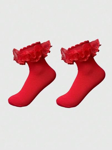 ROMWE Kawaii Women's Mid-Calf Socks, Red With Ruffle Trim - Size one-size