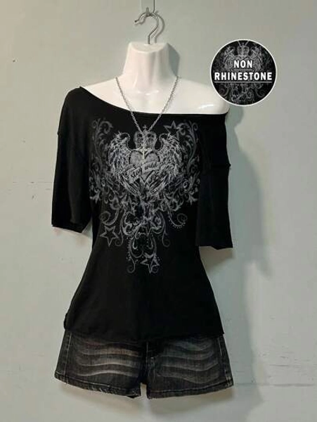 Attitoon Casual Heart With Wing Print Slouchy T-Shirt For Women, Suitable For Summer Back To School