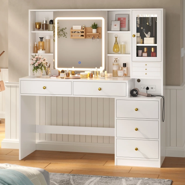 Wade Logan® Carrelli Makeup Vanity With Charging Station & 3-layer Jewelry Box, Vanity Desk With Sliding Mirror And Lights, Vanity Table With 8 Necklace Hooks & 5 Drawers & Shelves, White & Reviews | Wayfair
