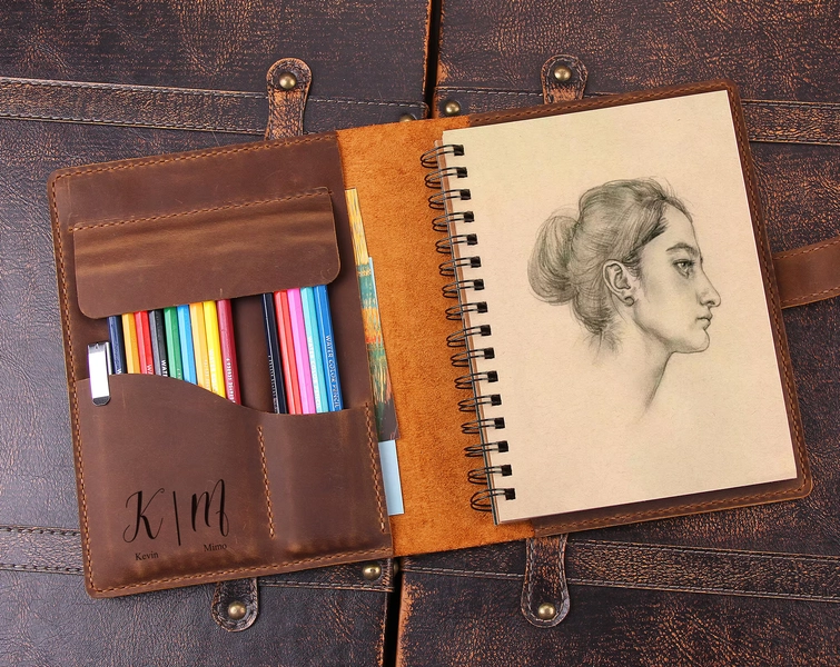 Personalized Leather Sketchbook Cover, Leather Artists gifts, Leather Artist Sketch Pad Cover for 5.5"x8.5", Notebook Cover, Artist Roll