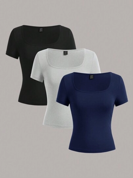 SHEIN EZwear 3pcs/Set Round Neck Short Sleeve Cropped Casual Slim Fit Women Plus Size T-Shirt Pullover Suitable For Summer Suitable For Going Out