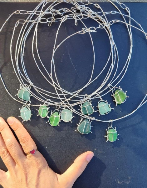 Sea glass bug jewelry, necklace and/or earrings, chunky statement beetle art pendant or brooch