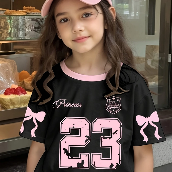 Girls'  23 Number T-Shirt with Bow & Crown Print - Youth Sports Jersey Style Round Neck Casual Summer Top for Birthday Party Outfits, Casual Attire - Machine Washable & Dry Cleanable, Spring/Summer Fashion, Pink Bow & Number 23 Design, Comfortable