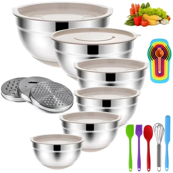 TINANA 26PCS Stainless Steel Mixing Bowls with Lids Set, Nesting Mixing Bowl Set with Non-Slip Bottom Graters Tools Gadgets, 7/4/3.5/2.5/2/1.5QT Metal Salad Bowls for Serving Prepping Baking, Khaki