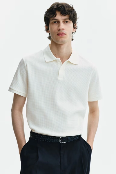 Slim-Fit Waffle-Knit Polo Shirt - Cream
