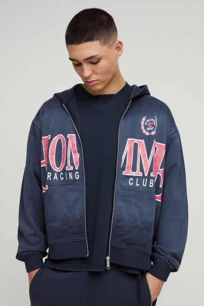 Oversized Boxy Homme Spray Wash Zip Through Loopback Hoodie