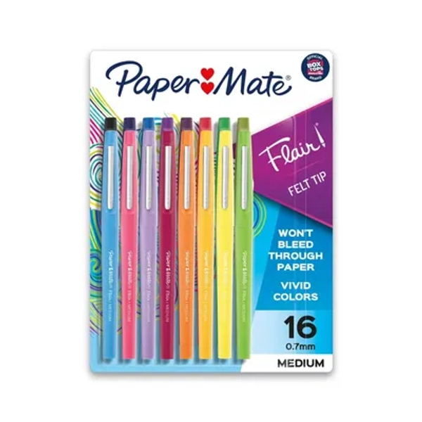 2 Paper Mate Flair 16pk Felt Tip Pens 0.7mm Medium Tip Multicolor: Colored Pens, Quick Drying, Fade-Resistant, Contoured Grip