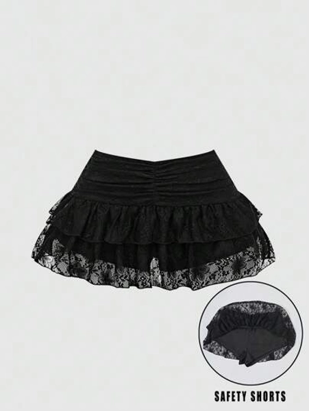 Women's Low-Waist Lace Ruffle Layered Pleated Cute Cake Skirt, Suitable For Party, Shopping, Black Mini Skirt Casual Summer - Size S