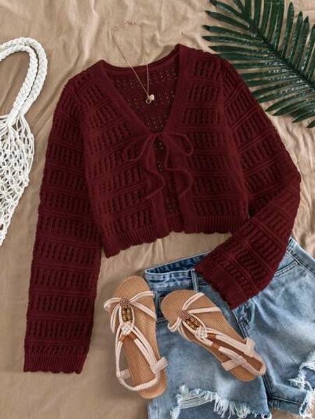 Travachic Women's Autumn/Winter  Casual Solid Color Textured Hollow Out Knit Cardigan, Long Sleeve Tops, Tops For School,Suitable For Holiday, Date, Afternoon Tea, Western, Cruise, Beach, Island, Road Trip, All Seasons, Music Festival, Boho Vacation,Bohemian Vacation,  Chill Autumn ,Western  Boho ,Elegant Tops For Women