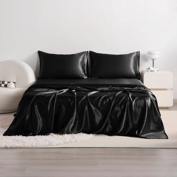 4 Pieces Satin Bed Sheet Set, Silky Cooling Soft Sheet Set, Full, Black - NTBAY