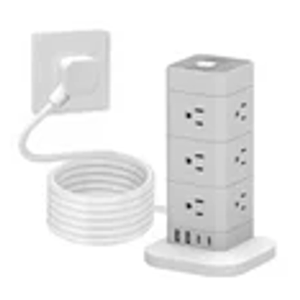 UNICOO® Tower Power Strip, Surge Protector Outlet Tower with 12 AC & 2 USB Ports, 2 USB-C, 6.5 Ft Cord, 16-in-1 Charging Station Power Tower with USB Ports, Compact Flat Plug