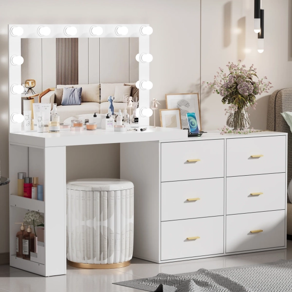 Everly Quinn Makeup Vanity Desk with Mirror and 3-Color Lights,6 Drawers Vanity Table with Charging Station | Wayfair