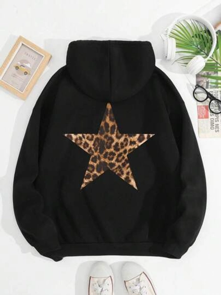 INAWLY Women Casual Loose Leopard Print & Star Pattern Long Sleeve Black Hoodie Sweatshirt Graduation,Back To School Outfits,Graduation,Teacher Outfits For Women,Back To School Pullover Fall Outfit