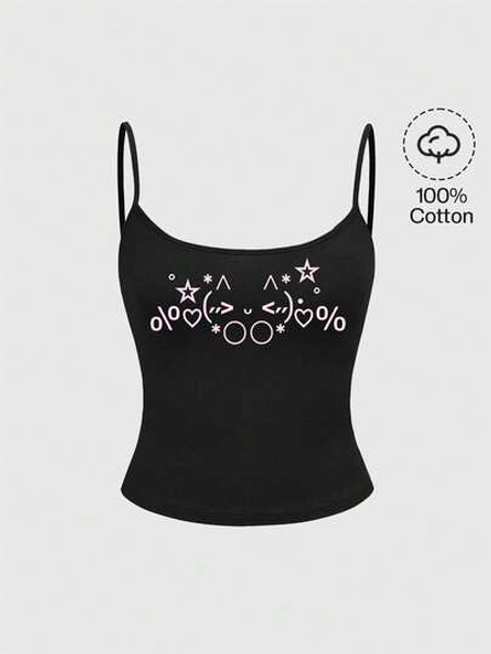 ROMWE Spring/Summer Black Graphic Cute Emoticon Y2K Korean Kawaii Blushing Cat Face Graphic Black Camisole For Women - Size M