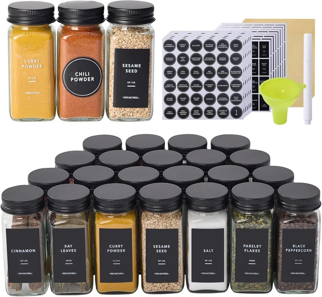 24 Glass Spice Jars with 576 Labels-Spice Jars with Black Metal Caps, 4oz Empty Square Spice Containers with Shaker Lids, Funnel, Pen, Seasoning Bottles for Spice Rack, Drawer, Cabinet - Walmart.com
