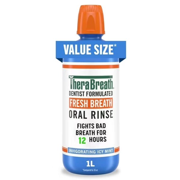 TheraBreath Fresh Breath Mouthwash, Icy Mint, Alcohol-Free Mouthwash for Adults, 1 Liter