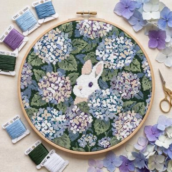Rabbit Cross Stitch Pattern, Hydrangea Floral Bunny PDF, Cottagecore Needlepoint Chart, Nature Lover Gift, Instant Download, Nursery WallArt