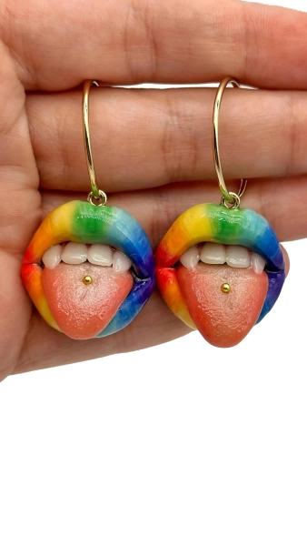 LGBTQ Weird Rainbow Lips with Pierced Tongue dangle drop earrings by ClayColada