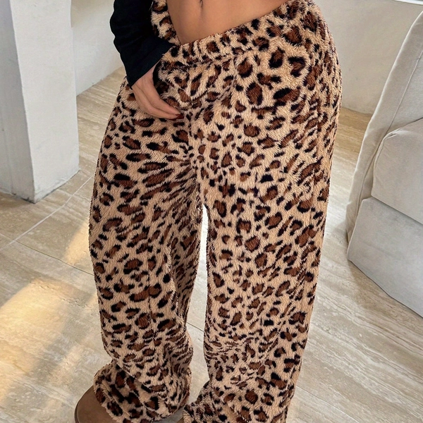 Women'S Leopard Print Elastic Waist Wide-Leg Pants - Casual Straight-Leg Trousers with Leopard Print, Beige & Brown, All-Season Comfort for Casual Attire, Comfortable Fashion, Leopard Print Trousers, Wideleg Trousers, Soft Fabric Trousers