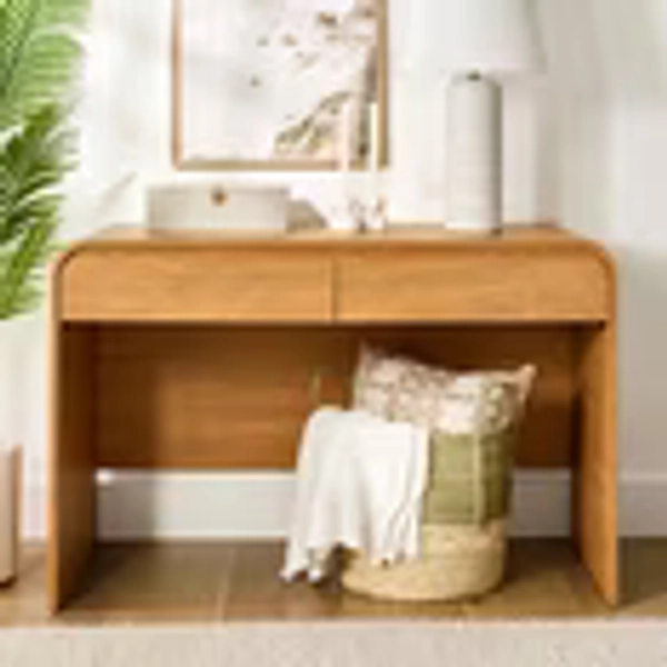 Better Homes & Gardens Juliet Curved Desk with Storage 23.5 inch depth, Light Honey Finish