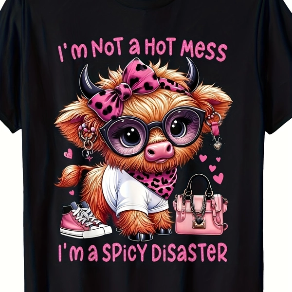This Is a Playful Graphic Tshirt Featuring a Cartoon Highland Cow with The Phrase 'I'M NOT a HOT Mess' in Pink Text It'S Ideal for Casual Outings Birthday Presents Or Everyday Wear Plus Size Retro Casual Short-Sleeved T-Shirt with a Round Neck And P