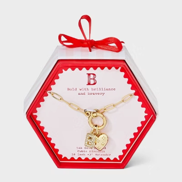 14K Gold Dipped Cubic Zirconia Puffy Heart Charm B Initial Necklace - A New Day™ Gold