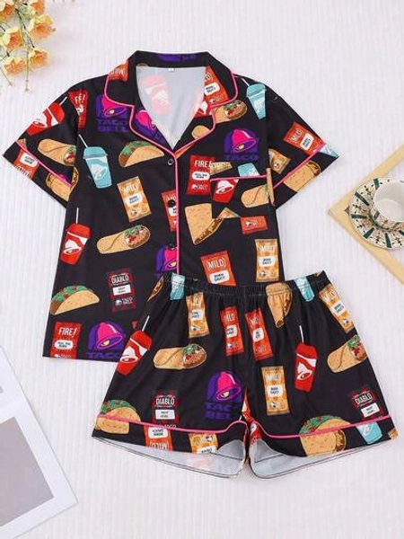 2pcs Women Sleepwear Set,  Pattern Printed, Fashionable Outfit For Holiday Party, Short Sleeve Shirt With Collar & Button And Elastic Shorts, Casual Loungewear For Outdoor & Indoor Wear, All Season