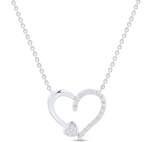 Sterling Silver 1/10 ct. T.W. Diamond Heart-on-Heart Necklace