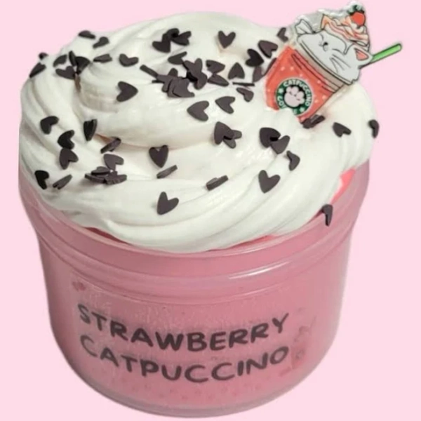 Strawberry Catpuccino Clay Slime - 6oz Strawberry Cream Scented Fluffy Stretchy w/ Kawaii Frappuccino Charm and Heart Sprinkles