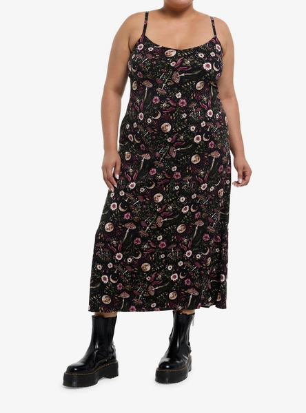 Cosmic Aura Dark Mushroom & Moon Strappy Midi Dress Plus Size