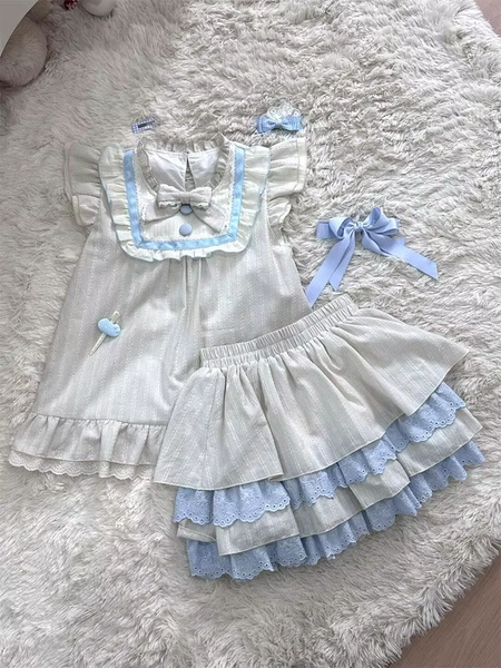 Japanese Lolita Sweet Bow Patchwork Set Kawaii Fly Sleeve Top + Cake Skirt Suit Schoolgirl New Casual Two-piece Suit Summer 2025 - AliExpress 200000345