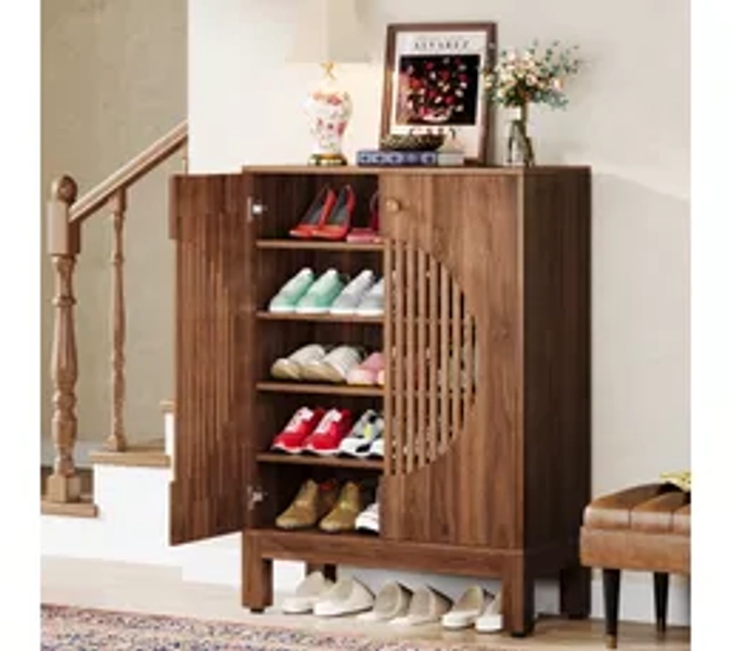 Meuble à Chaussures à 5 Niveaux Avec Portes Rondes à Persiennes, Avec Étagères Réglables