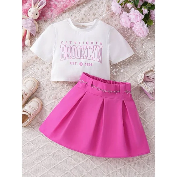 Girls Cropped Brooklyn Print T-Shirt and Skirt Set
